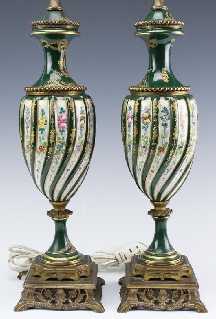 Pair Sevres Style Green Floral Porcelain Lamps (1 of 6)