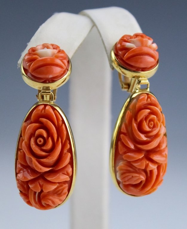Italian 18k Natural Salmon Red Coral Drop Earrings (1 of 6)