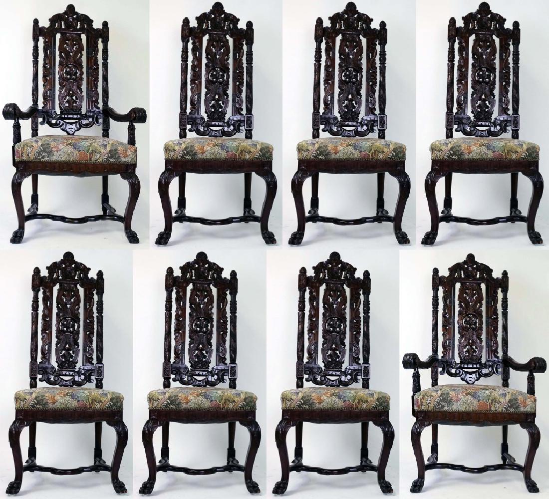 8 Ornate Carved High Back Mahogany Dining Chairs