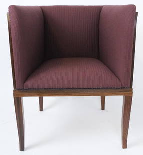 Eliel Saarinen Modern Upholstered Veneer Armchair: Eliel Saarinen (Finnish/American 1873-1950) Single Upholstered Arm Chair. Features fine quality wood veneer. Manufactured by Charles Phipps & Sons Lexington Michigan. Number 56. Reproduced under