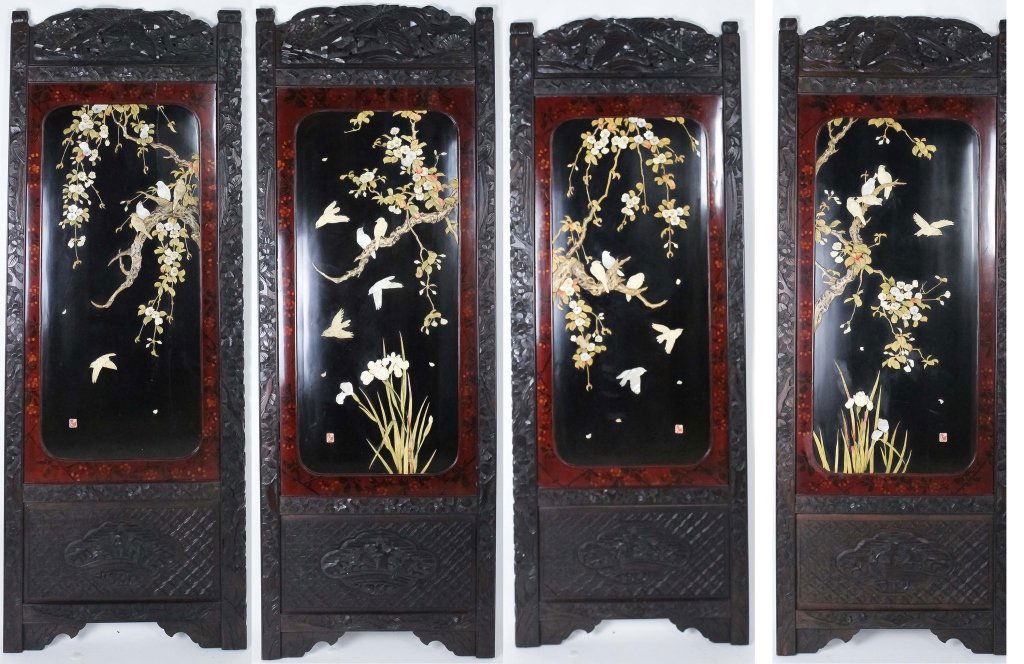 Set 4 Chinese Carved Wood Inlaid Lacquer Screens (1 of 9)