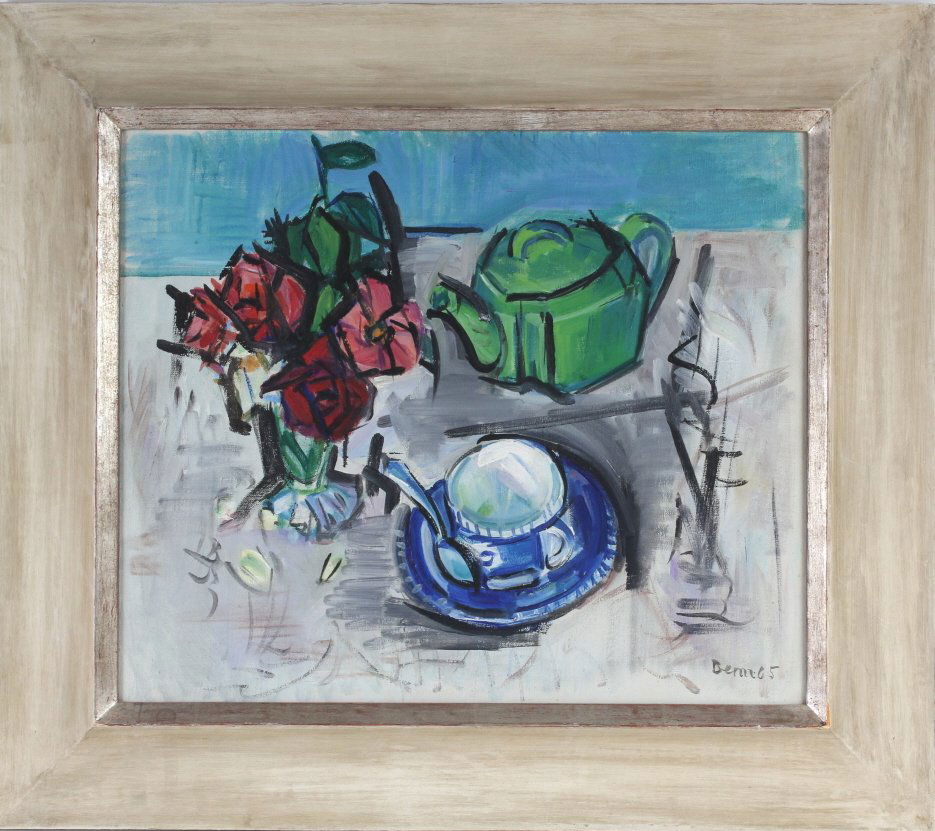 Ben Benn 1884-1983 Floral Still Life Oil Painting: Ben Benn (1884 - 1983) New York, Russia, oil on canvas painting. Depicts a still life image of a teapot, tea cup and saucer, and a rose filled vase. Signed lower right. Measures 19 1/2" x 23 3/4". Hou