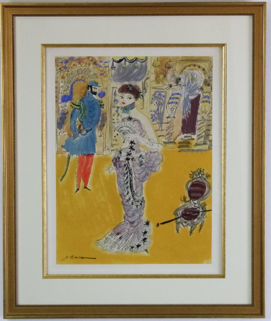 Gabriel Janson 20th Century French School Painting: Signed original mixed media (watercolor, pastel and ink) on paper painting by Gabriel Janson (20th century France) Depicts a well dressed young lady in a formal setting. Gorgeous bright colors in a mi