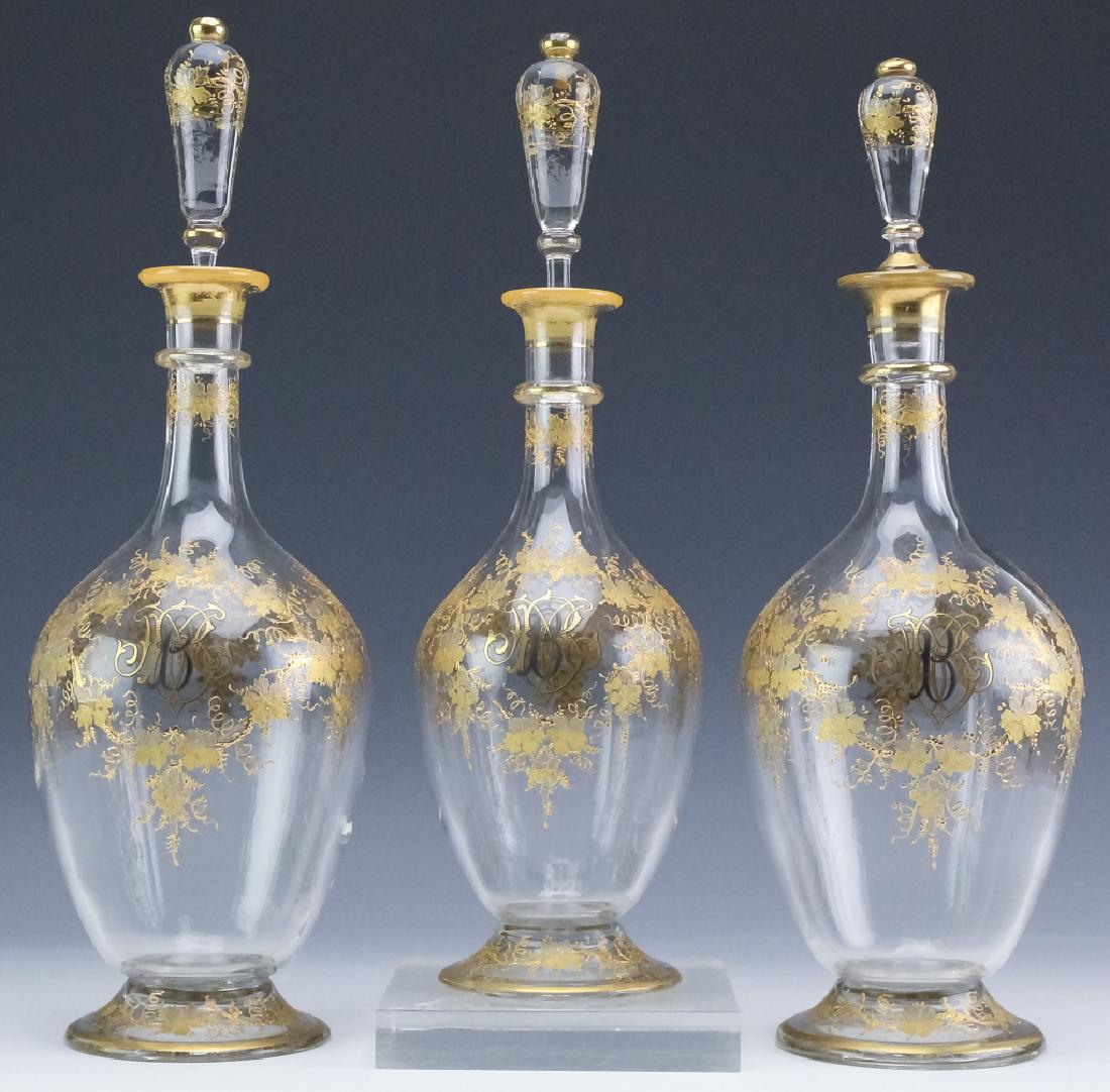 3 Antique Gold Gilt Crystal Liquor Decanter SET