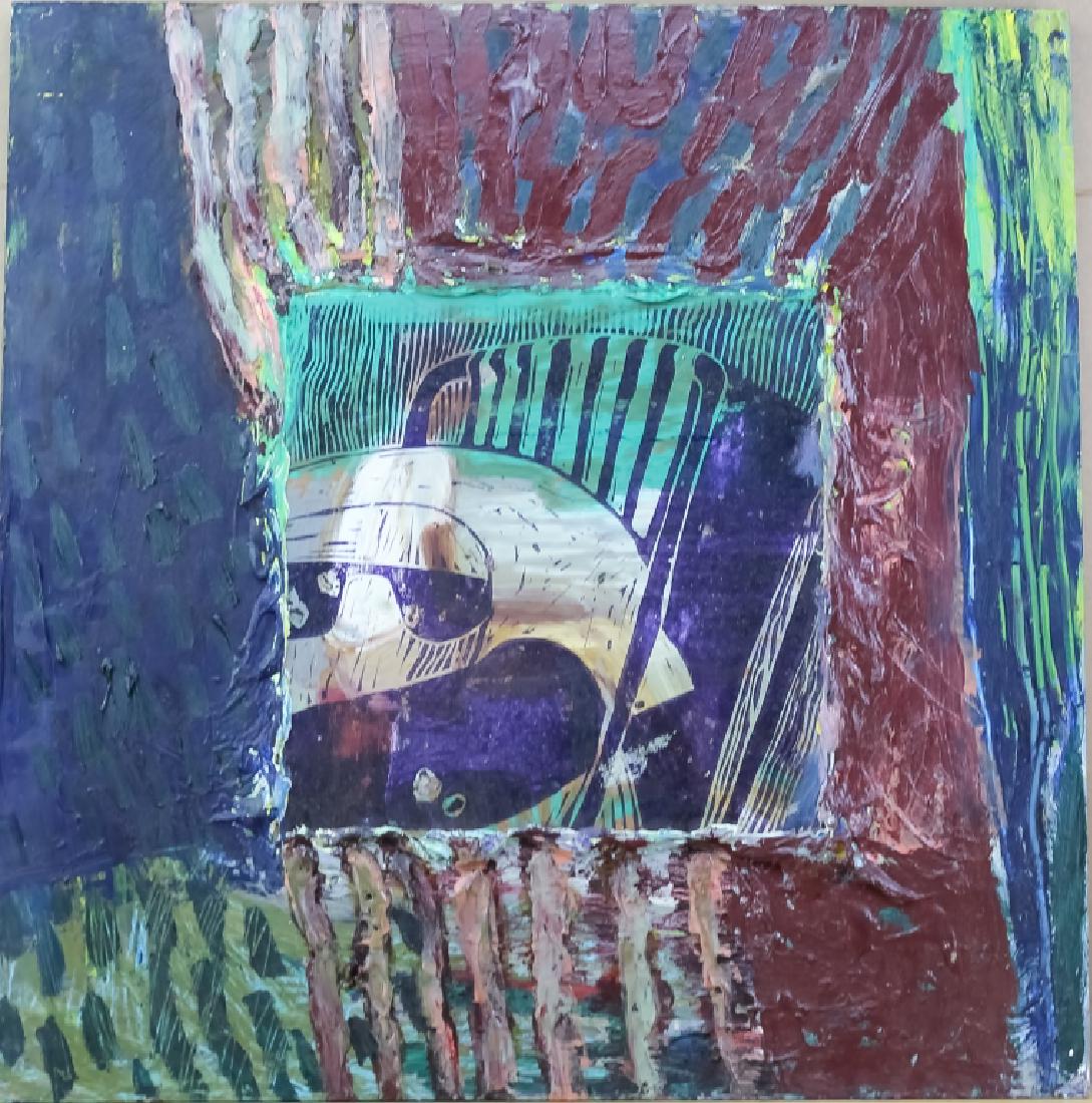 Francie Bishop Good Mixed Media Painting, Masonite: Francie Bishop Good, American, Florida, mixed media painting on masonite. Titled: Lady Looking at Brian. Features an applied masonite panel with abstract image and bordered by a thickly applied polych