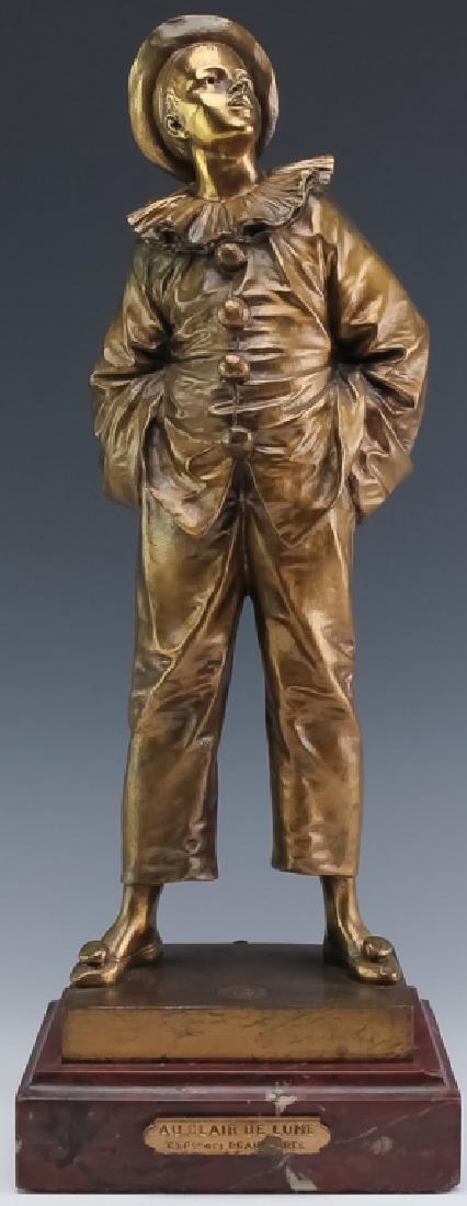 After Bouret Bronze Sculpture Au Clair De Lune: After Eutrope Bouret bronze sculpture of a boy. Features the work titled Au Clair De Lune. Depicts the form of a bot dressed as a clown. Cast signature on base as well as foundry mark. Fixed to a red