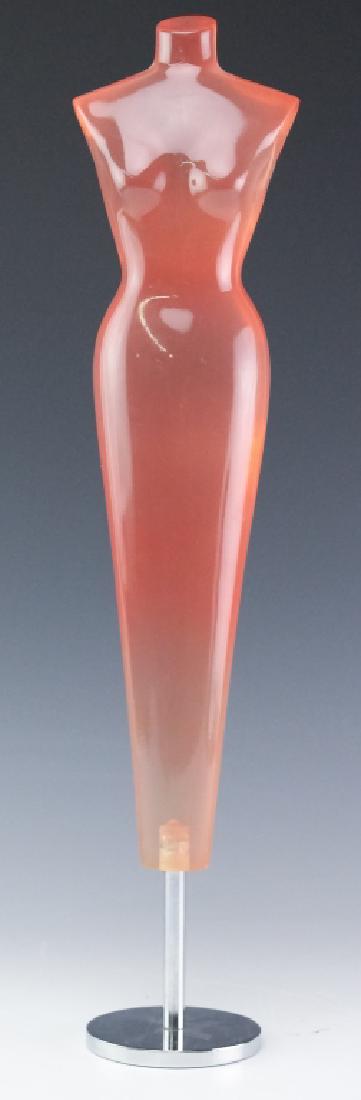 Deco Style Pink Lucite Nude Lady 18" Torso Display: Vintage Art Deaco style pink lucite sculpture of a woman. Features the form of a nude female torso crafted from a translucent peach / pink lucite or acrylic. Fixed to a 3" metal base. Measures 18 1/2"