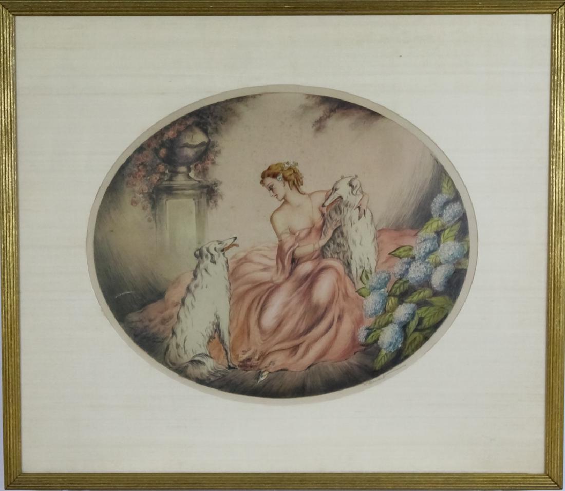 LC Renart Female w Dogs Icart Style Art Deco Litho (1 of 6)