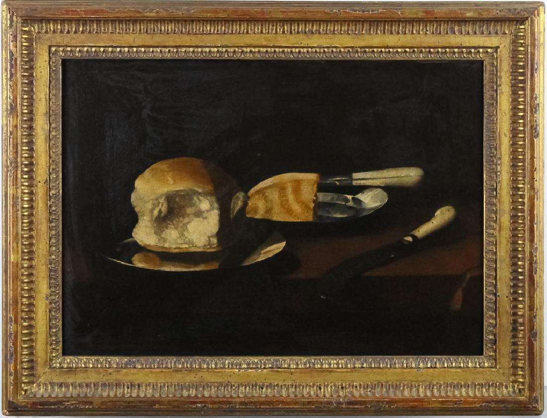 Pieter Claesz or Willem Claesz Heda Oil Painting: Antique Dutch still life oil on canvas painting attributed to Pieter Claesz (1597/98-1661 Netherlands) or Willem Claesz Heda (1594-1680 Netherlands) Depicts a still life with bread and cheese in the O