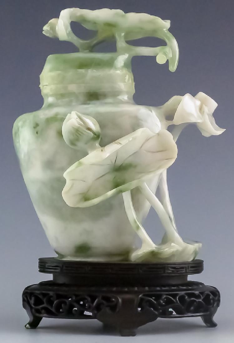Chinese Old Carved Green Jade Hardstone Lidded Urn (1 of 5)