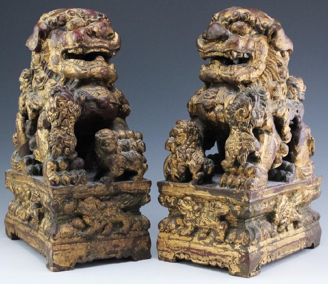 Pair Chinese Carved Gilt Wood Foo Dog Sculptures (1 of 7)