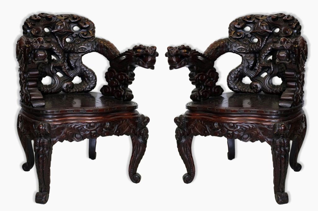 Pair Chinese Export Carved Dragon Throne Chairs (1 of 6)