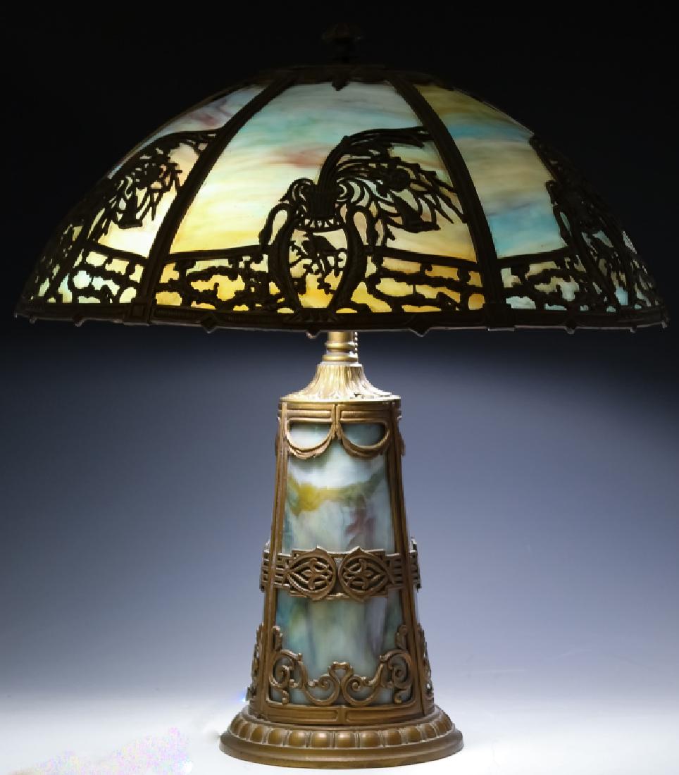 Art Nouveau Metal Overlay Slag Glass Table Lamp (1 of 9)