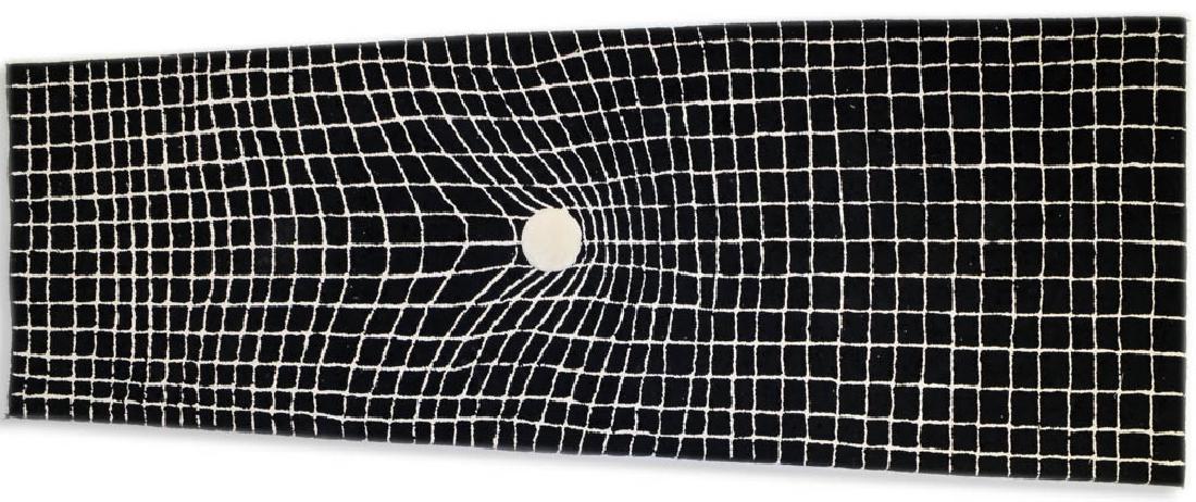 Edward Fields Black White Geometric Carpet Rug: Signed vintage Edward Fields geometric runner rug. Titled "Special Net One Pearl Two Tapsiweave" Striking design with curved lines indicating action and high relief "Ball or Pearl". Crafted of wool. M