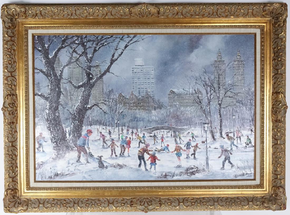 Robert Lebron (1928-2013) American Oil Painting: Robert Lebron (1928-2013) American. Original oil painting on canvas. Artwork depicts a snowy winter scene with people figure skating on a pond with a city skyline in the background. Artist signed lowe