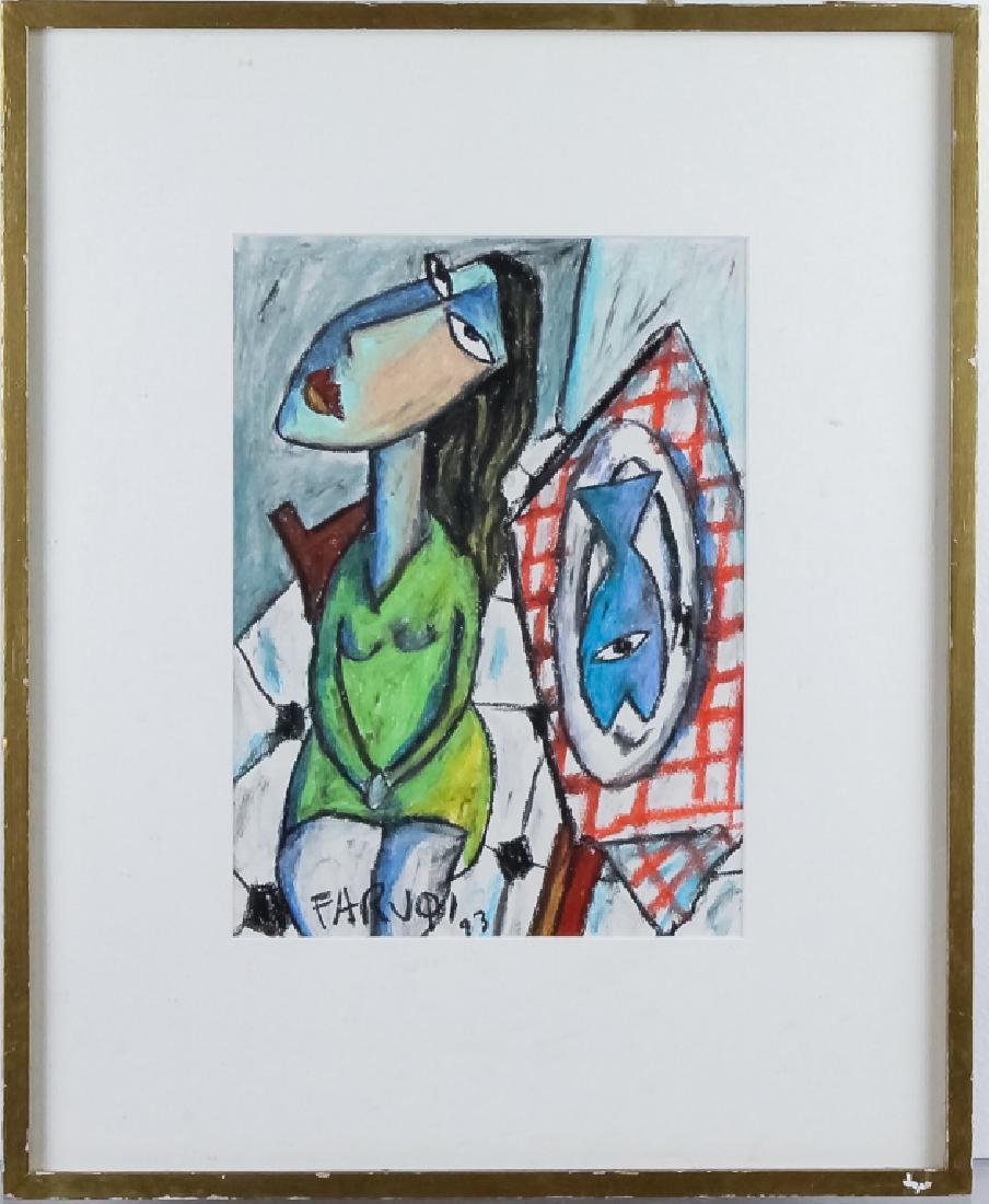 MYSTERY ARTIST Expressionist Female w Fish Pastel (1 of 5)