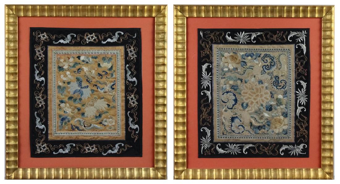 Pair East Asian Silk Embroidery Floral Tapestries (1 of 6)