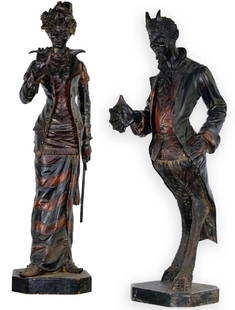 19th C Florentine Italian Wood Carved Satyr Couple: Very important pair of antique 19th century Italian Florentine ebonised wood and polychrome painted satyr couple. Origin; Italy, Victorian era, Possibly Venice. Circa 1880. Manner of Francesco Toso.