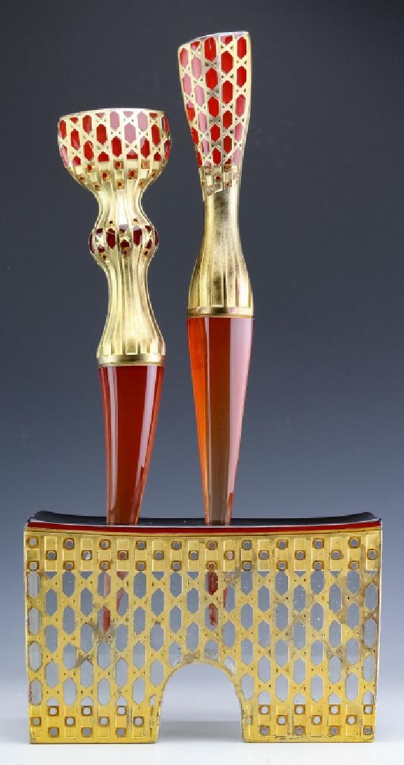 Jose Chardiet (b.1956) Cuban Art Glass Sculpture: Jose Chadiet (1956- Cuba / Rhode Island) Guaranteed Authentic. Original abstract studio art glass sculpture. Subject "Man and Woman" cast and formed glass with sculpted surface and rich gold gilt. Art