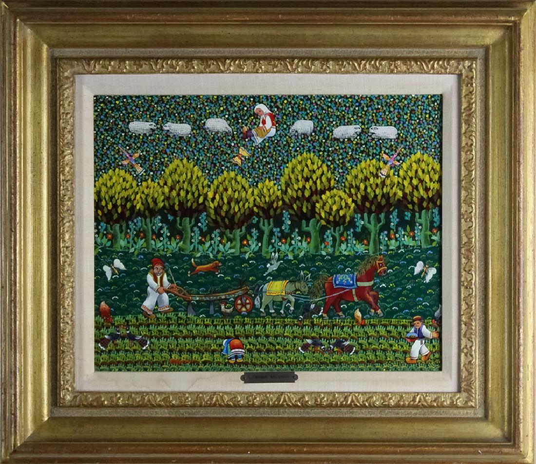 Ljubomir Milinkov b1938 Surreal Painting W Findlay: Ljubomir Milinkov (b.1938) American, France. Guaranteed Authentic. Original oil on panel painting. Artwork depicts a whimsical and surreal scene with figures farming as well as animals and a lush fore
