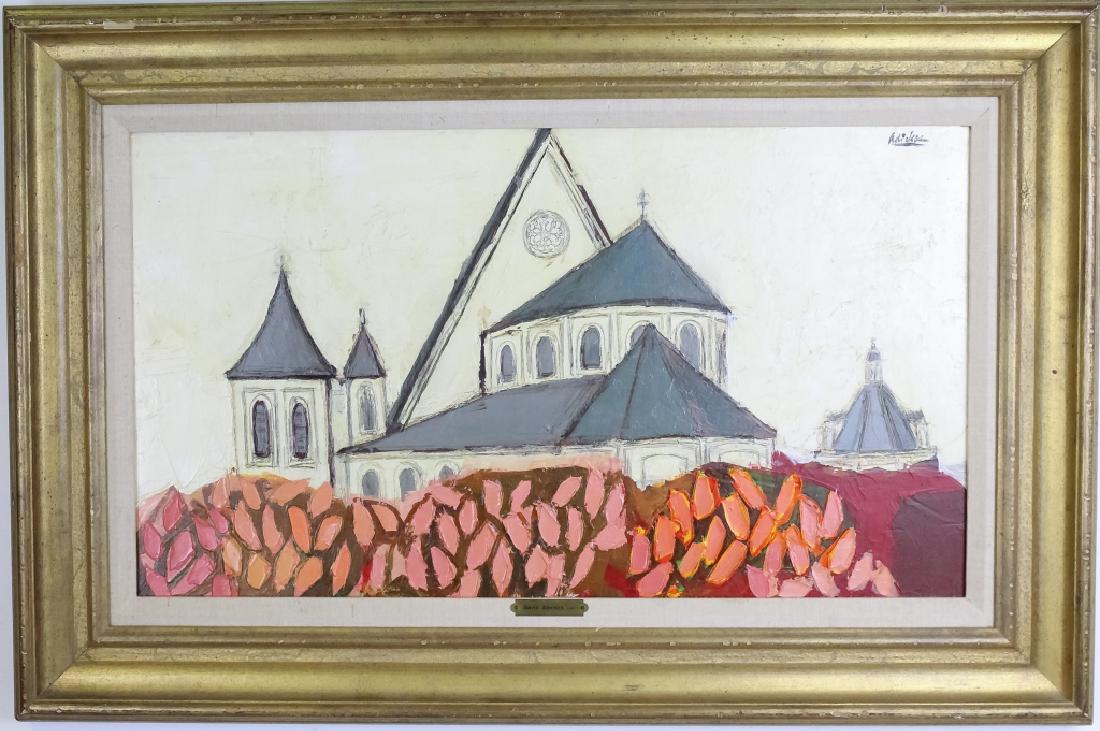 David Adickes b.1927 American Painting W. Findlay: David Pryor Adickes (1927-Present) American, Guaranteed Authentic. Original oil on panel painting. Depicts a stylized cathedral with shades of rose pink, and warm orange cream tone floral embellishmen