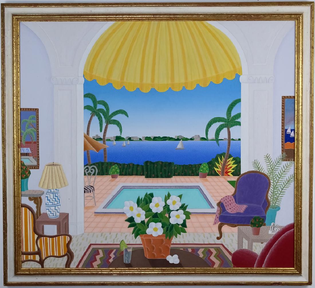 Thomas McKnight b.1941 American Interior Painting: Guaranteed Authentic. Original oil on canvas painting by Thomas McKnight (1941- New York, American) Artwork depicts an interior scene with opening revealing a tropical Miami style landscape with sailb