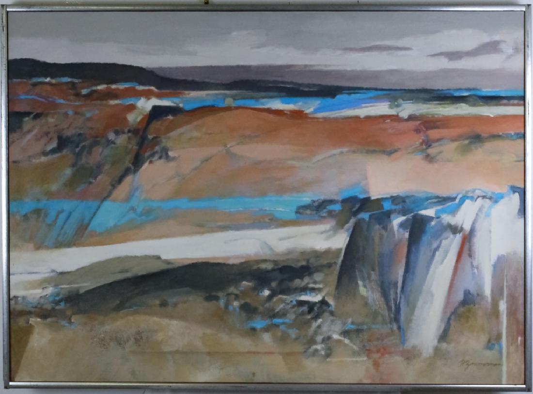 Paul Zimmerman American Landscape Painting LISTED: Paul Zimmerman (1921 - 2007) Connecticut, Ohio. Guaranteed Authentic. Original oil on canvas painting. Artwork depicts a mid century modern abstract landscape. Signed lower right. Titled on verso " Mi