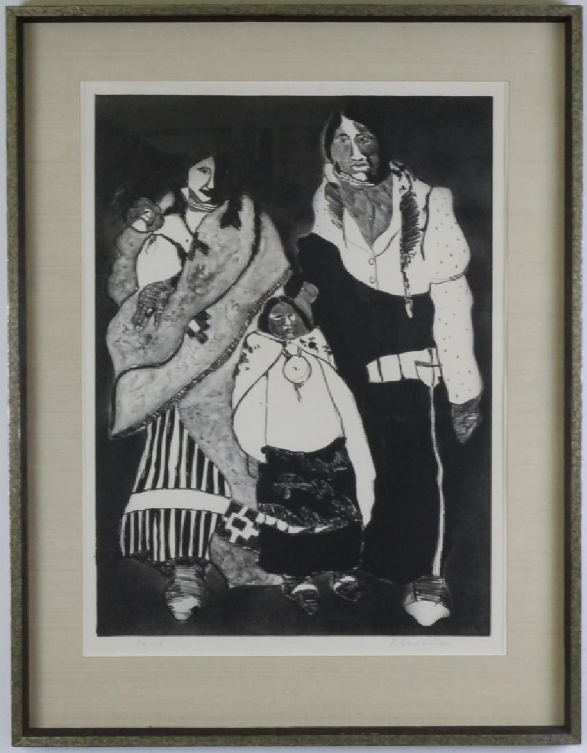 Fritz Scholder 1937-2005 American LE Lithograph: Fritz Scholder (1937 - 2005) Arizona, New Mexico, Minnesota. Guaranteed Authentic. Limited edition black and white lithograph print on paper number 56 of 115. Depicts a Native American Indian family. 
