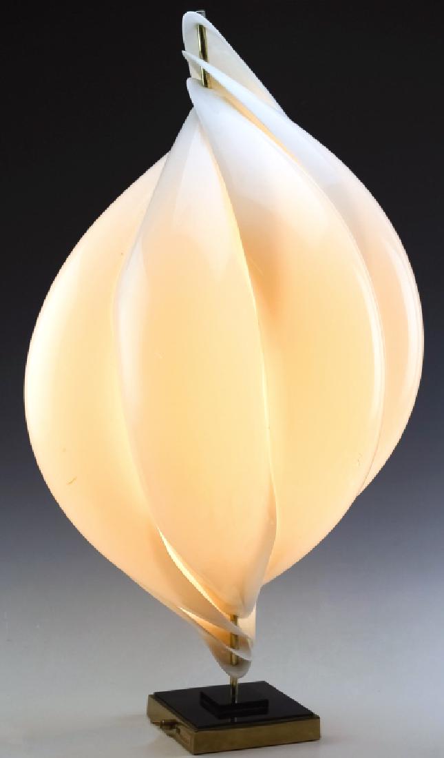 Rougier Mid Century Modern Acrylic Table Lamp 34": Large original Hollywood Regency working Rougier acrylic table lamp. Features pieces of acrylic in a budding flower form with a metal rod going through its' center. Good to fair overall condition with