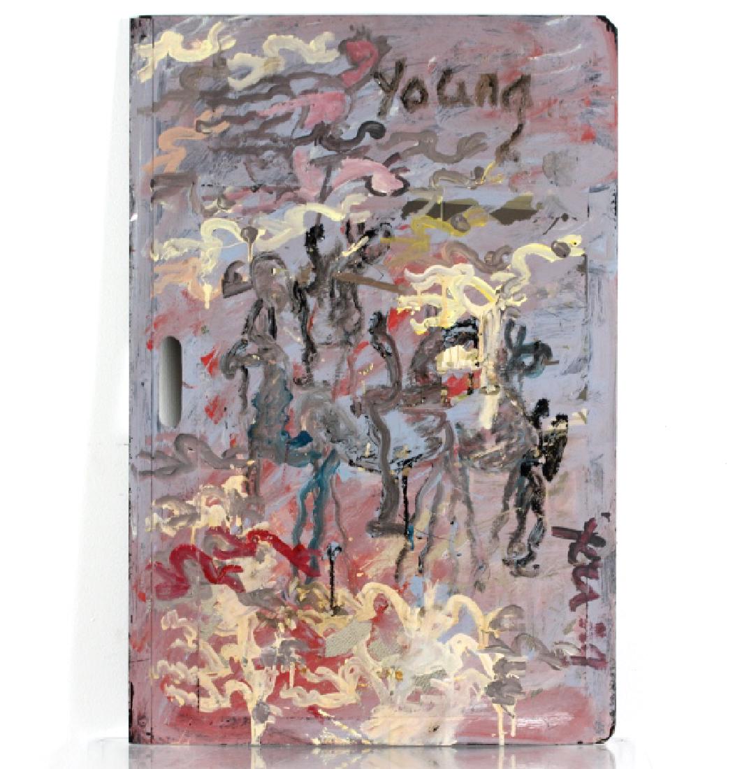 Purvis Young Battle Outsider Folk Art Painting: Purvis Young (1943-2010 Miami Florida) Guaranteed Authentic. Original outsider painting on found pressed cardboard / carpet sample board. Titled "Battlefield". Circa 2000. From a private South Florida