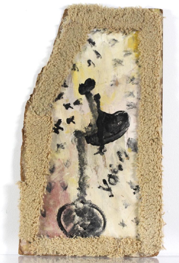 Purvis Young Pregnant Lady Outsider Art Painting: Signed Purvis Young (1943-2010 Miami Florida) Guaranteed Authentic.. Original painting on found canvas mounted to masonite and bordered with found carpet. Titled Pregnant on Earth. Circa 1998. Signed 