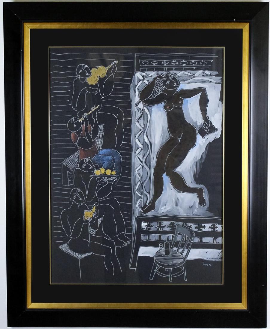 Yuri Yuroz b.1956 Armenian Mixed Media Painting: Guaranteed Authentic. Signed original mixed media (gouache, pastel, gold pigments) on paper painting by Yuri Gevorgian Yuroz (1956- Armenia / California) Depicts a lady in bed surrounded by figures in