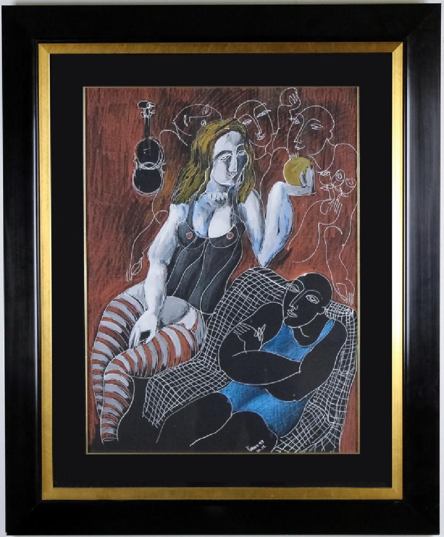 Yuri Yuroz b.1956 Armenian Mixed Media Painting: Guaranteed Authentic. Signed original mixed media (gouache, pastel, gold pigments) on paper painting by Yuri Gevorgian Yuroz (1956- Armenia / California) Artwork depicts a lady holding an apple and a 