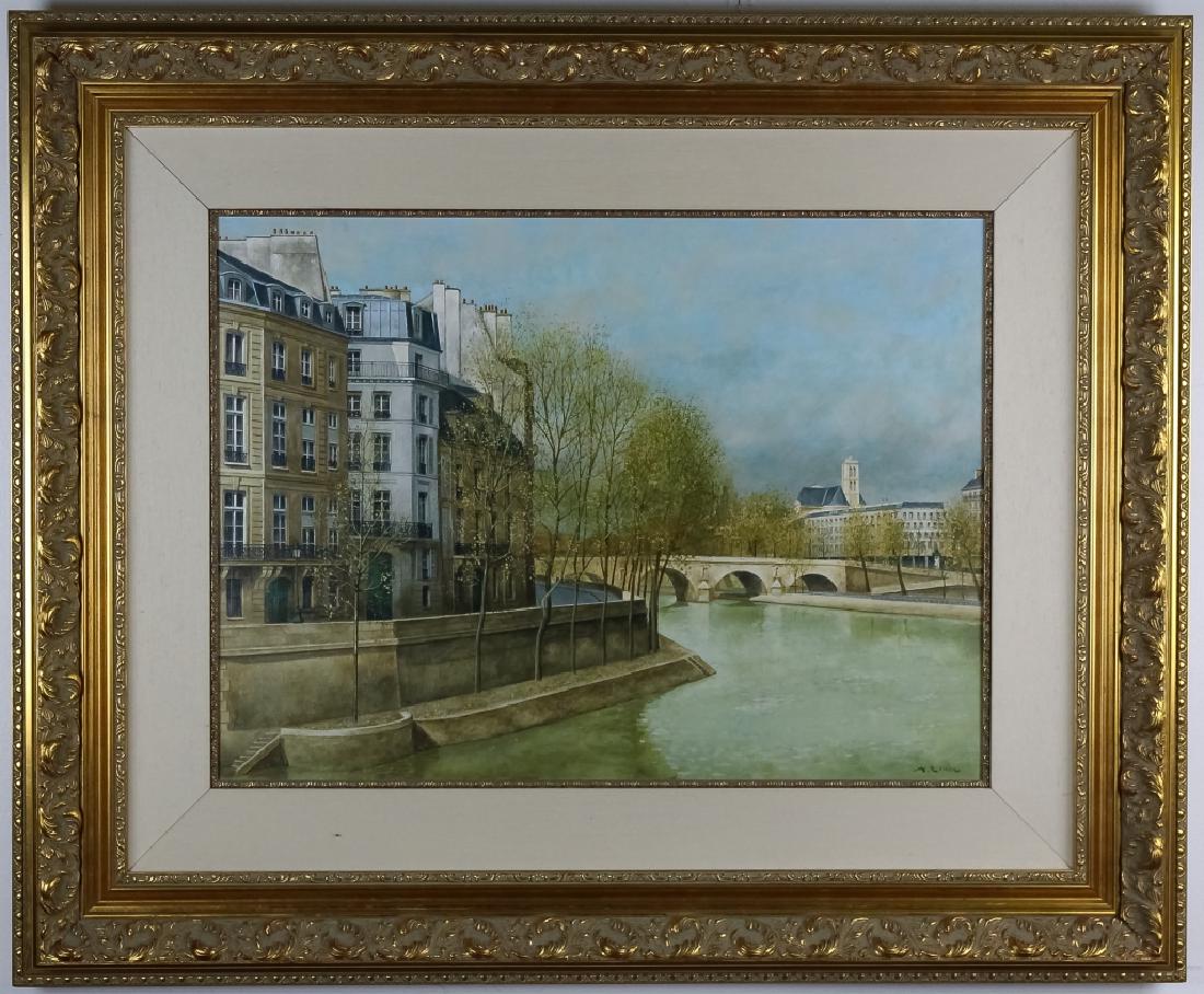 Andre Renoux 1939-2002 French Cityscape Painting: Guaranteed Authentic. Signed original oil on canvas landscape painting by Andre Renoux (1939-2002 France) Title: "Quai d'Anjou" Artwork depicts the iconic Parisian scene in stunning detail. Artist sig
