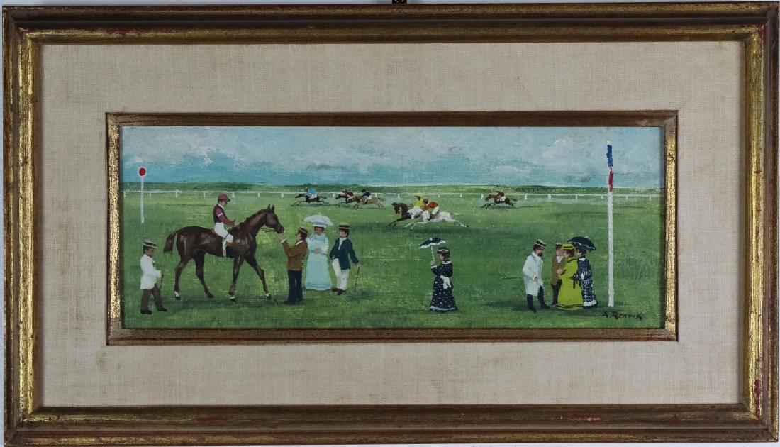 Andre Renoux 1939-2002 French Horse Race Painting: Guaranteed Authentic. Signed original oil on canvas painting by Andre Renoux (1939-2002 France) Title: "Le Galop d'Essai" Artwork depicts a horse race with patrons inspecting a horse. Gorgeous colors 