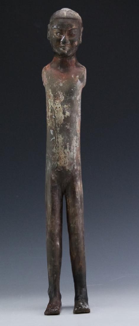 Han Dynasty Chinese Painted Pottery Stick Figure: Authentic Chinese pottery figural stick figure. Sculpture features a male figure with faded painted and well defined facial features. Fair overall condition having paint loss consistent with age. Meas