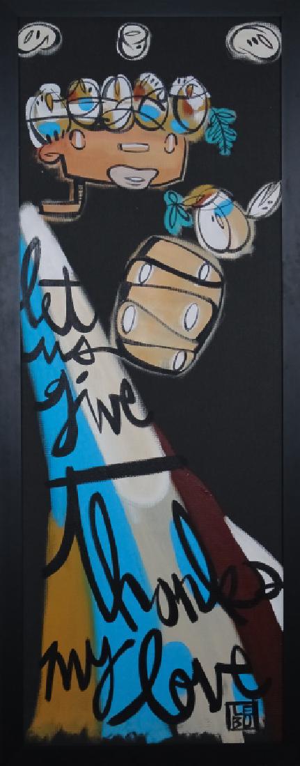 David Le Batard LEBO Mixed Media Graffiti Painting: Guaranteed Authentic. Signed original mixed media painting on canvas by David Le Batard "LEBO" (1972- Florida)Title: "Let us give thanks" Artwork depicts a praying figure in the artists signature. Pos