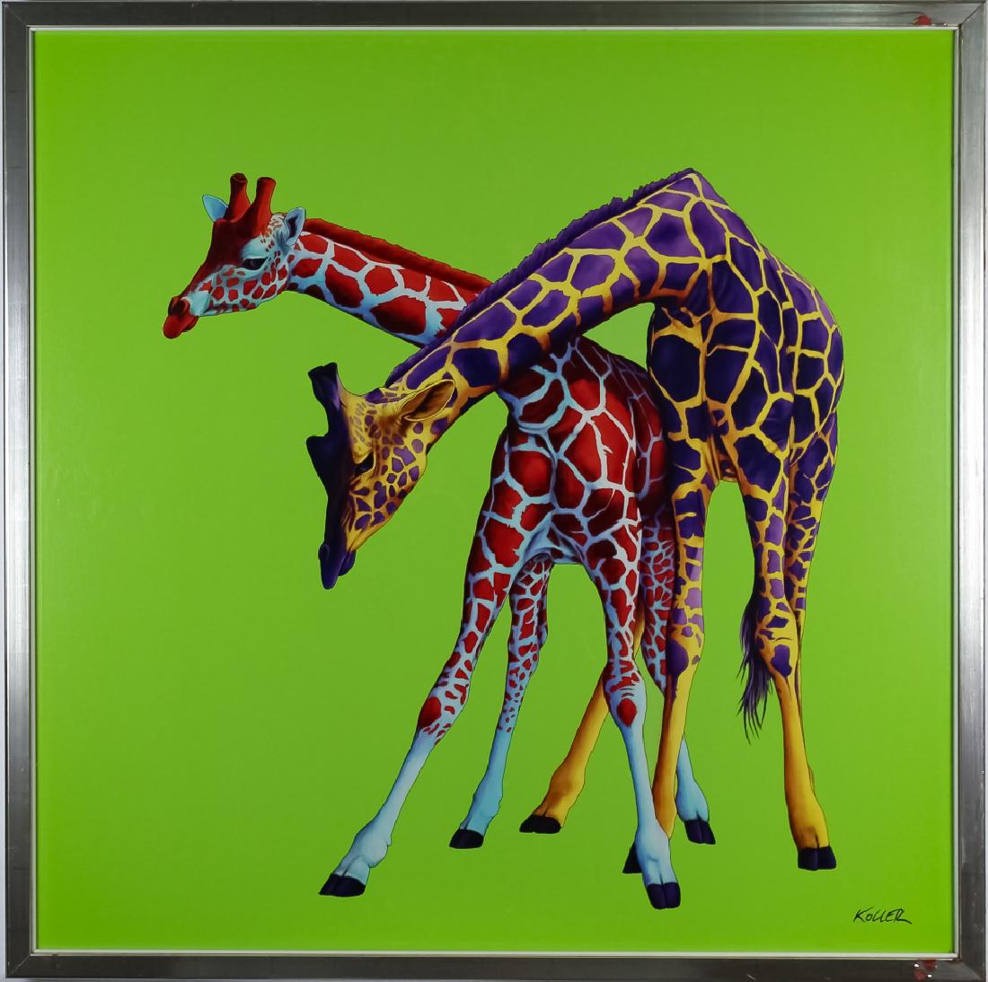Helmut Koller 1954- Giraffes L/E Giclee Painting: Guaranteed Authentic. Signed and numbered limited edition giclee on canvas by Helmut Koller (1954- Austria) Artwork features two giraffes on green in contemporary style. Bright cheerful colors housed