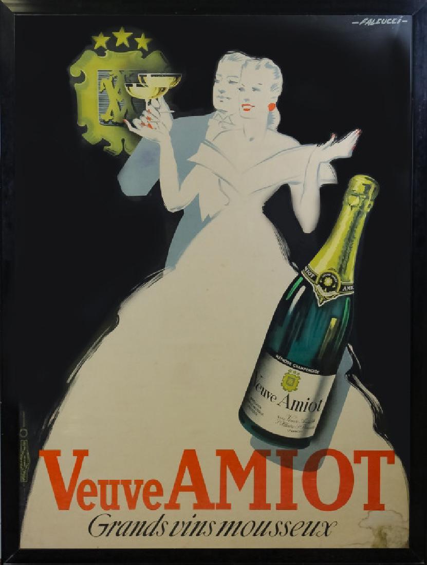 VTG Robert Falcucci Veuve Amiot Champagne Poster: Large vintage French champagne wine poster designed by Robert Falcucci (1900-1982 Italy) Title: "Veuve Amiot / Grande Vins Mousseux" features imagery of an elegant couple raising glasses of champagne.