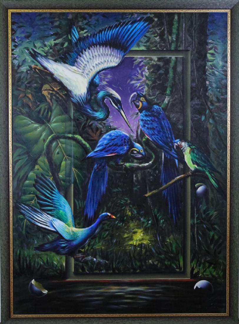 Fernando de Jesus Oliviera Surreal Oil Painting: Guaranteed Authentic. Fernando de Jesus Oliveira (Ferjo) (born 1946) American, Brazilian. Original oil on canvas painting. Titled; "Rain Forest Parrot". Artwork depicts a lush forest scene with vibran