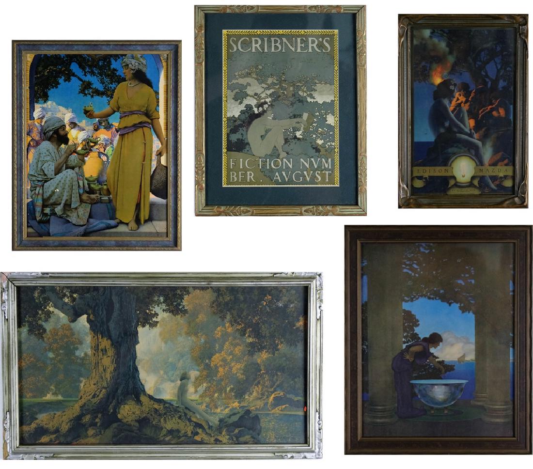 5 Maxfield Parrish Art Nouveau Framed Art Print: Maxfield Frederick Parrish (1870 - 1966) American. Features a collection of five works on paper with some of them housed in vintage Art Nouveau frames. Several are for Edison Mazda Lamps as well as Or