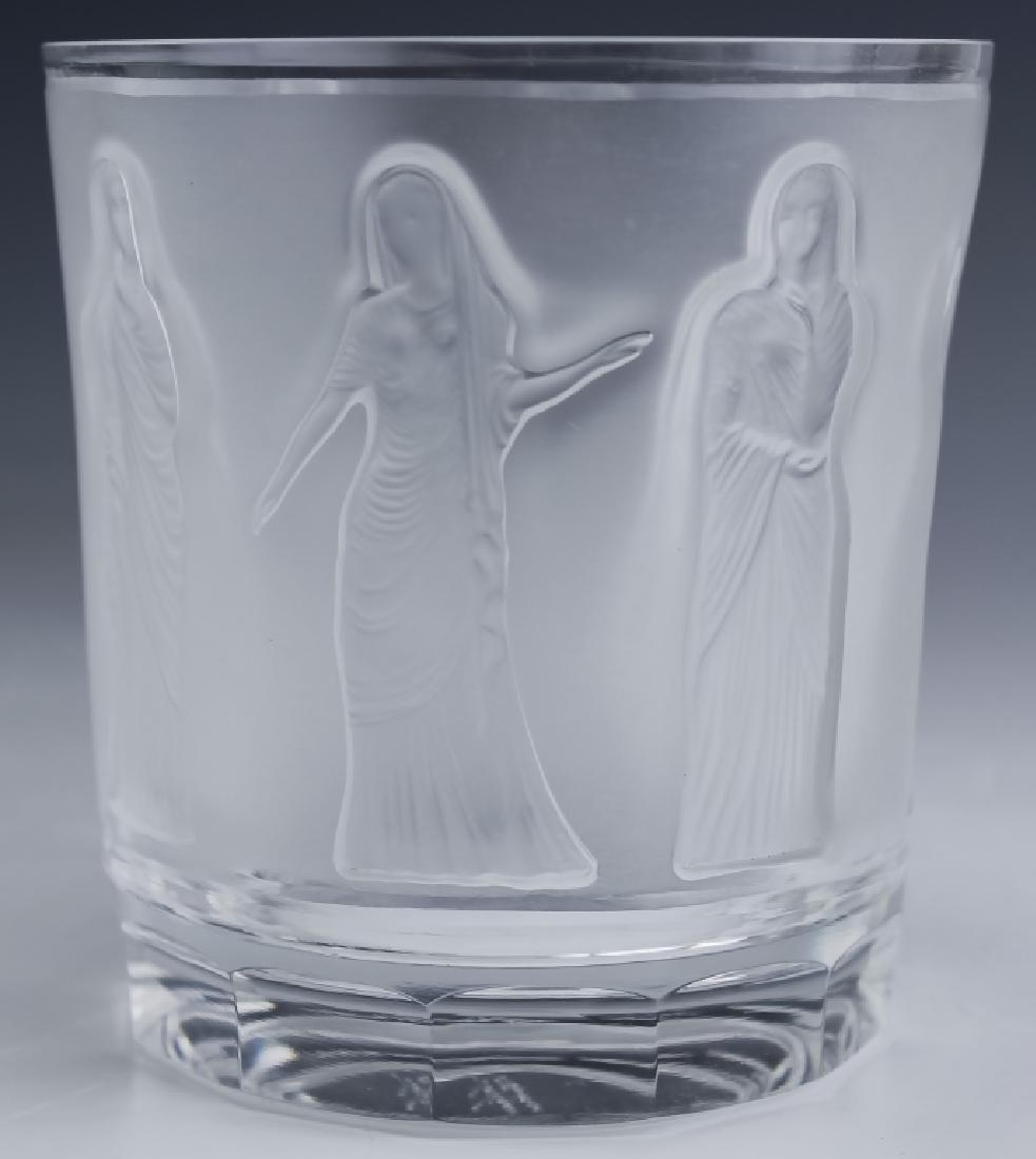 Lalique French Crystal Femmes Antiques Tumbler Cup: Guaranteed Authentic. Lalique France crystal glass tumbler. Features a single 3 5/8" x 3 3/8" tumbler with a series of intaglio relief along the body of the cup. Signed Lalique France. Fair condition 