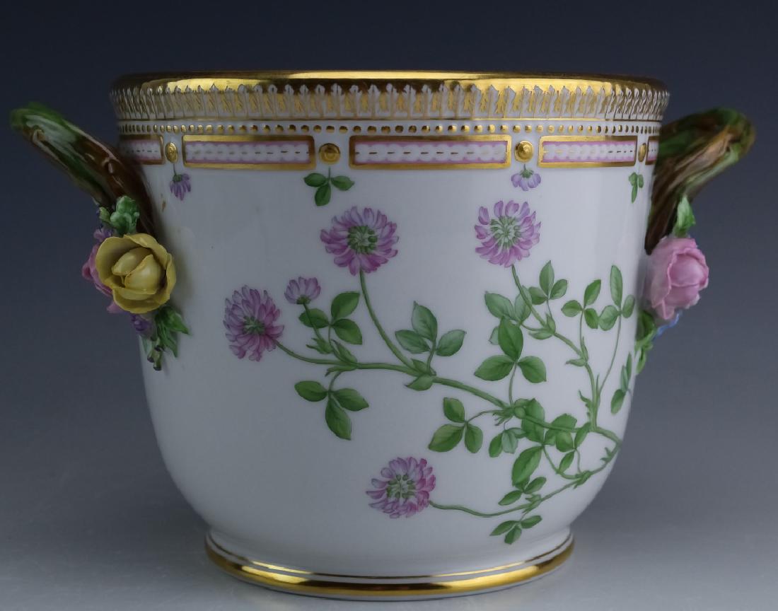 Royal Copenhagen Flora Danica Handled Wine Cooler: Signed Royal Copenhagen wine cooler. Crafted of fine quality Danish porcelain. Double vine handles with applied porcelain flowers. Hand painted Trifalium hybridium flowers. Gold gilt accents. Signed w