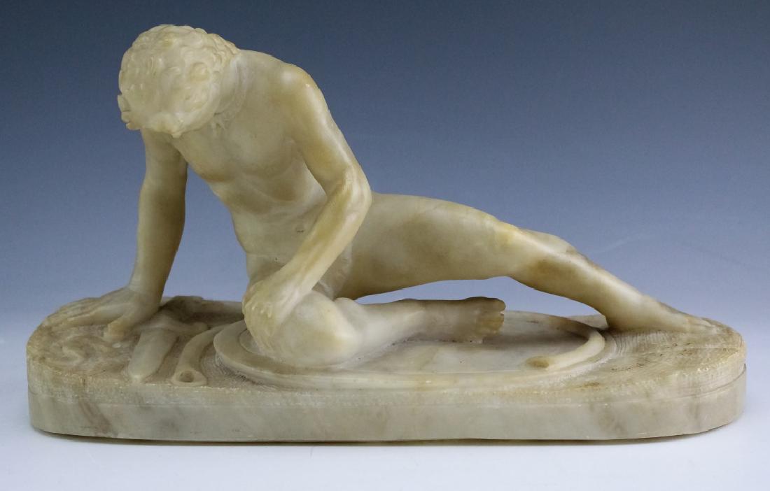 19c Carved Alabaster Dying Gaul Grand Tour Statue: Antique 19th century Grand Tour era sculpture of the Dying Gaul. Hand carved in alabaster stone with very good attention to detail. Measures 6 1/4" x 11 1/2" x 4 1/2". Good condition with mild toning 