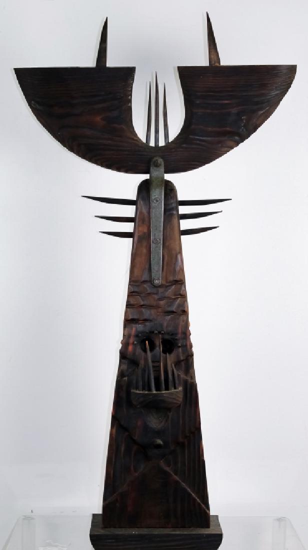 MCM Brutalist Wooden Tiki Totem Art Sculpture 44": Vintage mid century modernist carved and pyro sculpted wood tiki totem sculpture. Crafted in a wonderfully unique manner in the style of Witco. Measures 44 1/2" x 24" x 12". Good condition overall wit