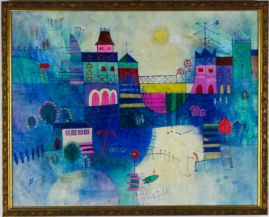 Yu Heshi (1935-) Modern Cityscape Oil Art Painting: Guaranteed Authentic. Signed original oil on canvas painting by Yu Chau-Yih Heshi (1935- Taiwan, Province of China / New York) Depicts a village scene in the mid century modern style in cheerful color