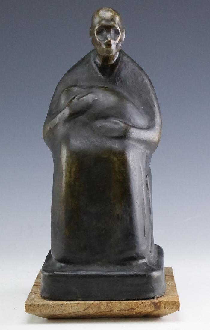 Kathe Schmidt Kollwitz 1867-1945 Bronze Sculpture: Guaranteed Authentic. Kathe Schmidt Kollwitz (1867-1945) German figural bronze sculpture. Artwork depicts the abstract form of a woman holding a child. Artwork fixed to a beveled stone base. Bares Kol
