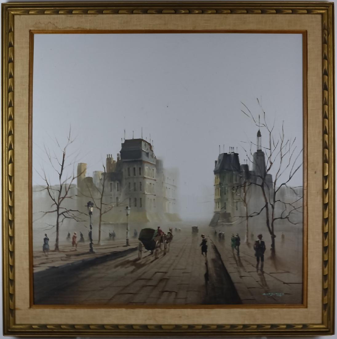 Jose Campuzano 1918-1979 Cityscape Oil Painting: Guaranteed Authentic. Signed original oil on canvas cityscape painting by Jose Campuzano (1918-1979 Spain / New York) Artwork depicts a misty cityscape with horse drawn carriage. Artist signature lowe