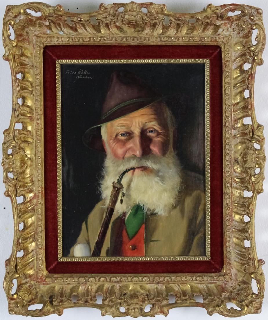 Fritz Muller 1913-1972 Male Portrait Oil Painting: Guaranteed Authentic. Fritz Muller (1913 - 1972) German. Original oil painting on panel. Artwork depicts the face of an elderly bearded man smoking from a long pipe. Signed upper left. Work measures 9