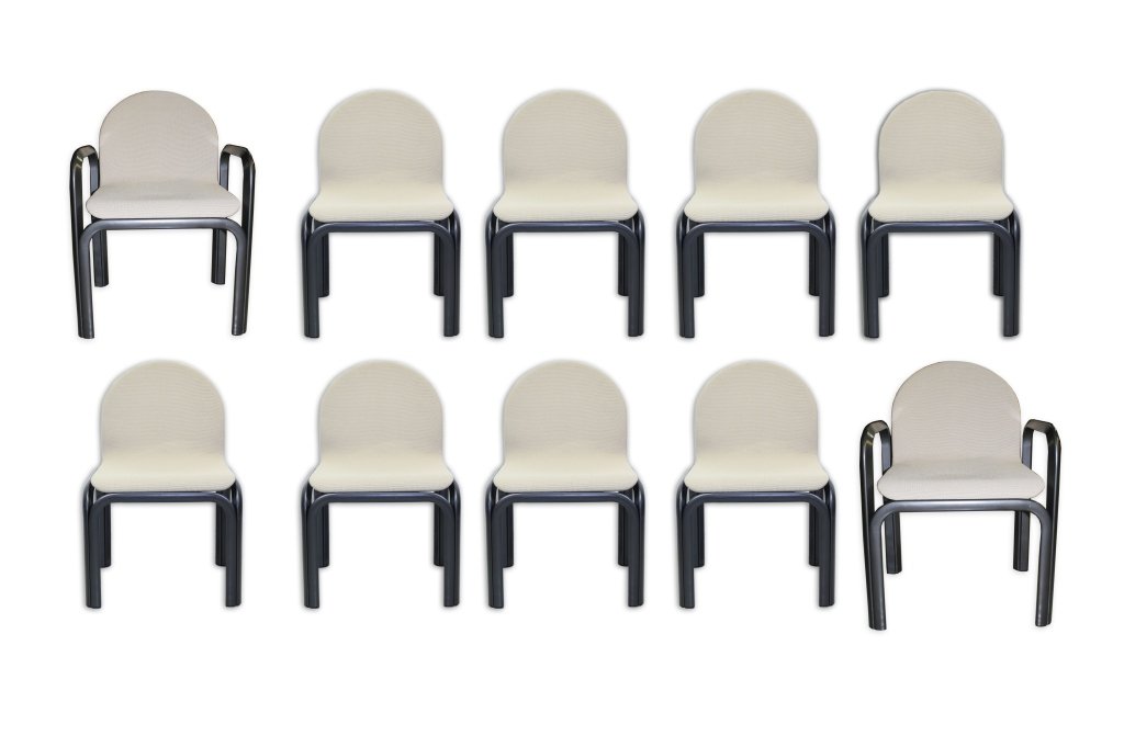 10 Gae Aulenti, Knoll Upholstered Metal Armchairs: Ten Knoll metal chairs. Features black metal tube frames with tan upholstered fabric. Some retain original knoll labels. Measures 33" x 18" x 21". Good overall condition with wear. Provenance: From th